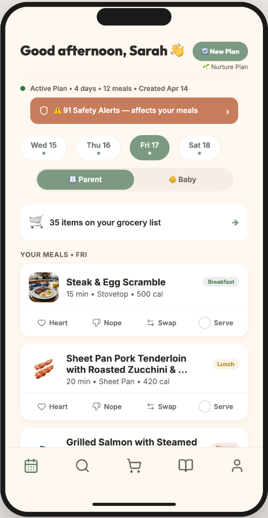 NourishNest dashboard showing personalized meal plans for the whole family