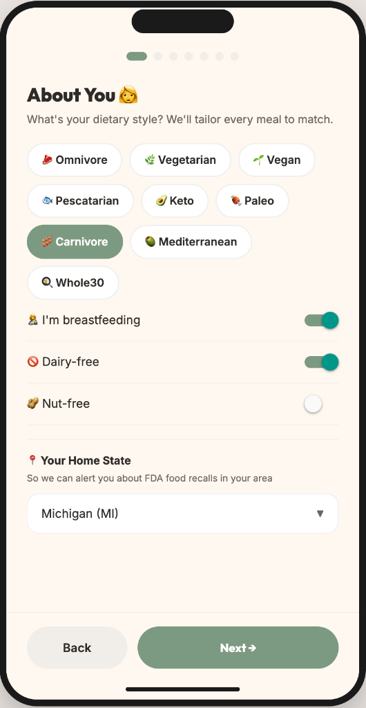 NourishNest baby profile setup showing age and dietary preferences