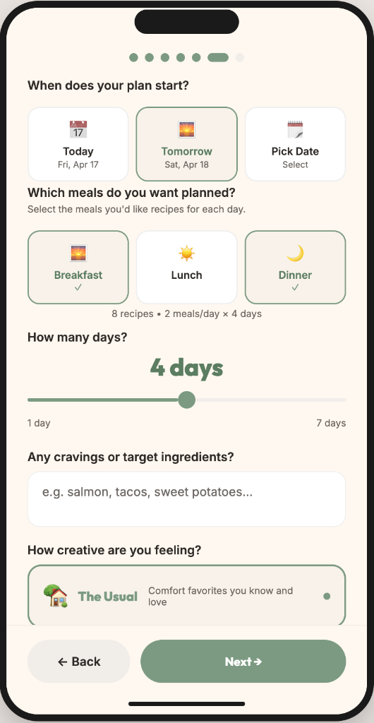 NourishNest meal schedule selection showing days, breakfast lunch dinner, and cook time