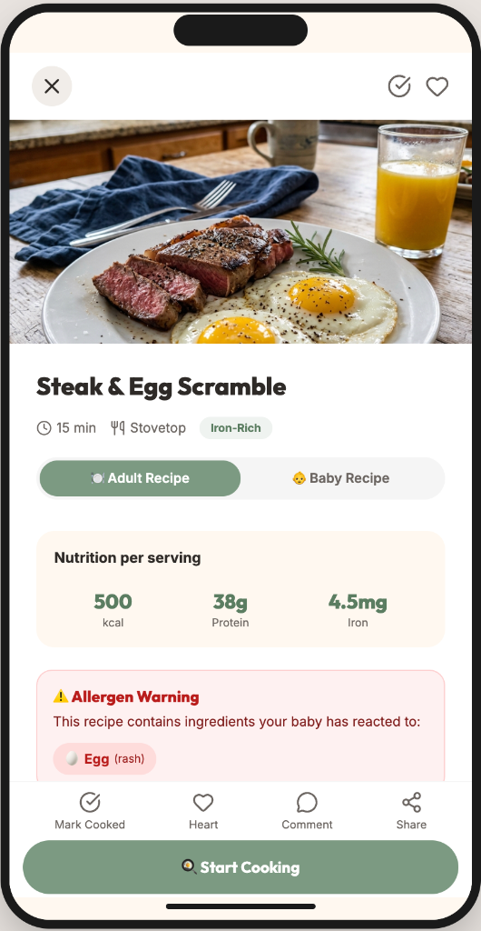 Recipe detail view showing Steak & Egg Scramble with nutrition info and allergen warnings