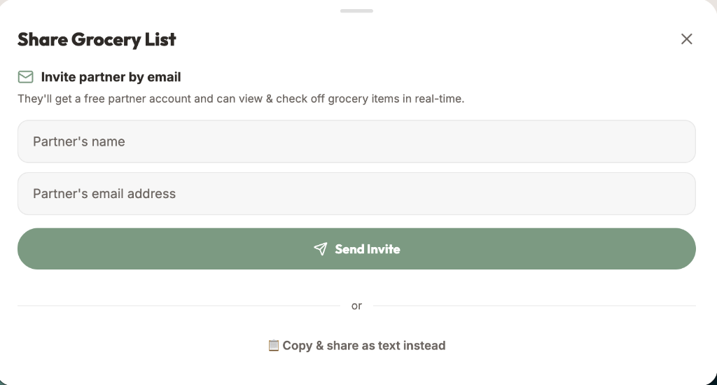 Share grocery list with partner feature