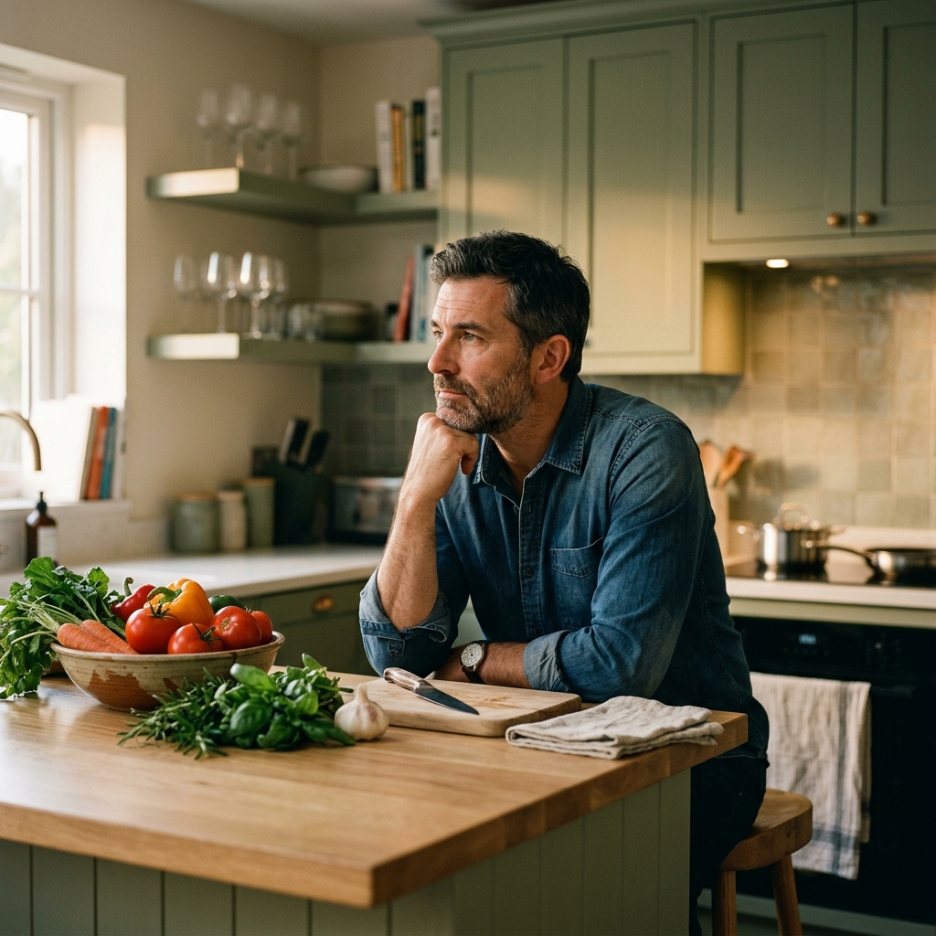 Father contemplating meal preparation at kitchen counter with fresh vegetables