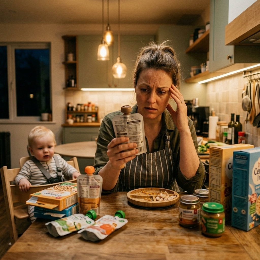 Stressed parent reading allergen labels on baby food packages