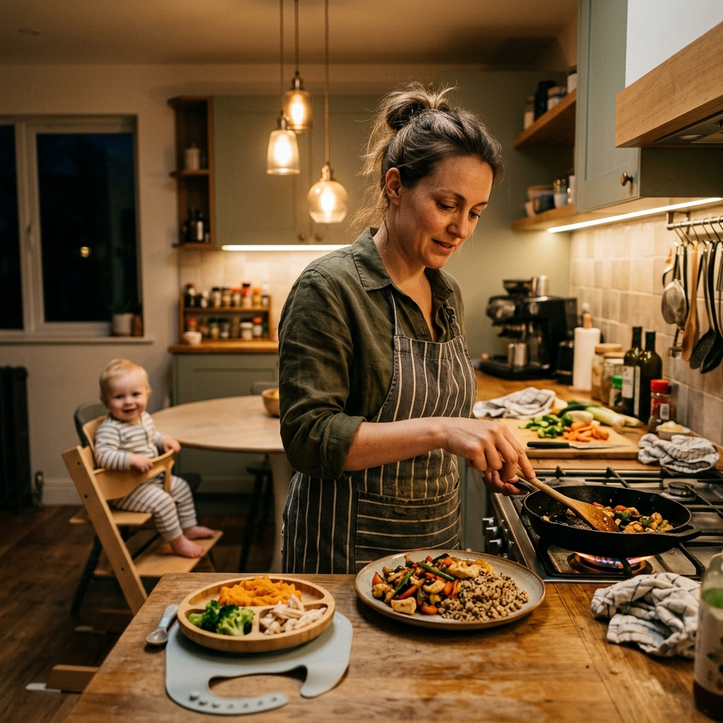 Parent preparing two separate meals in the kitchen while baby watches from highchair