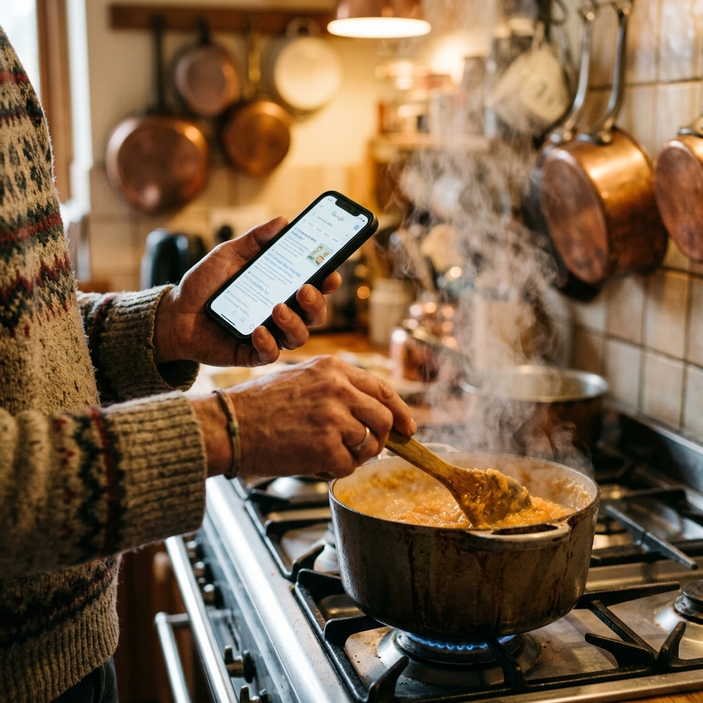 Parent checking phone for baby food safety while cooking