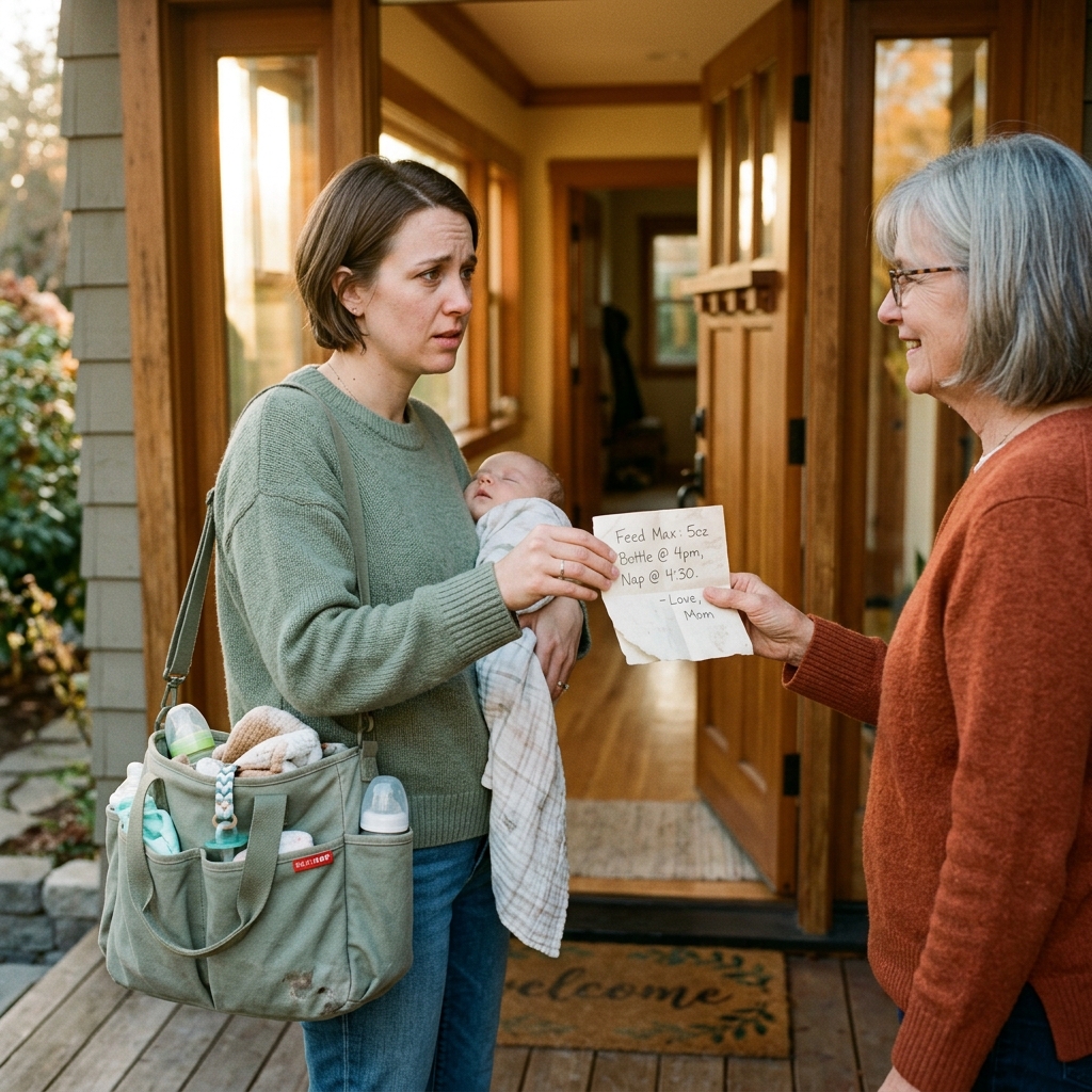 Parent handing feeding instructions to caregiver at the door