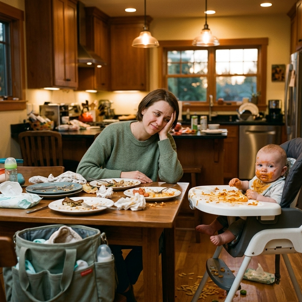 Exhausted parent at messy table after baby's mealtime meltdown
