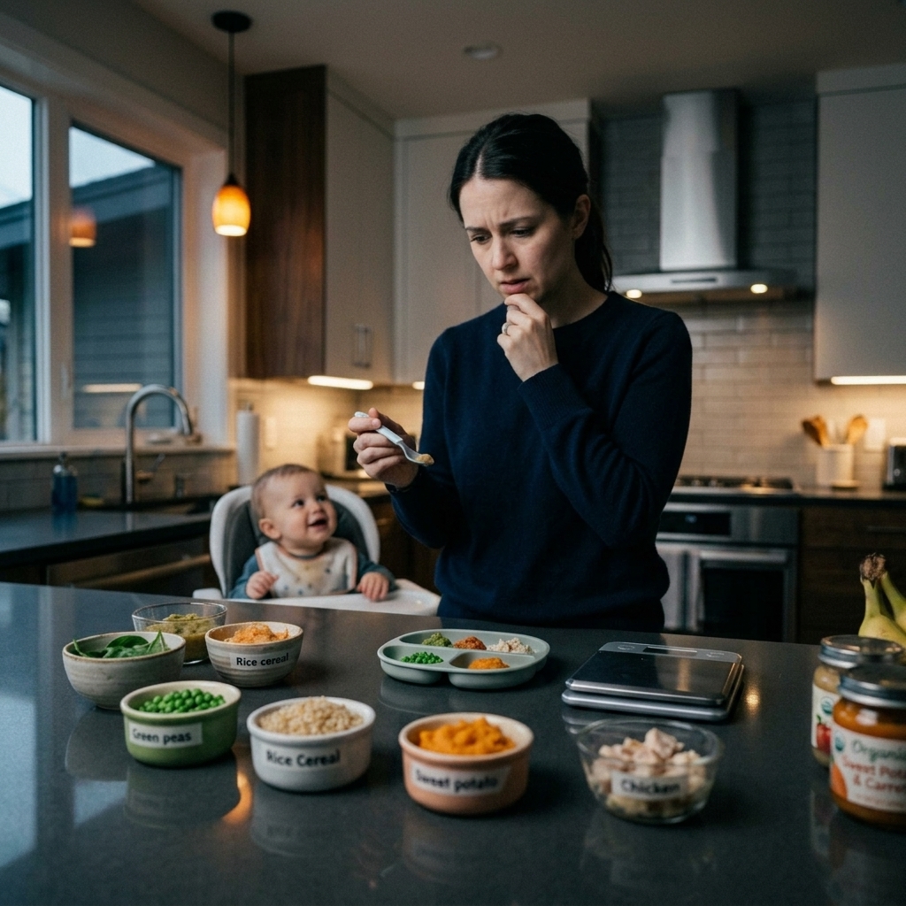 Parent carefully measuring baby food portions with uncertainty