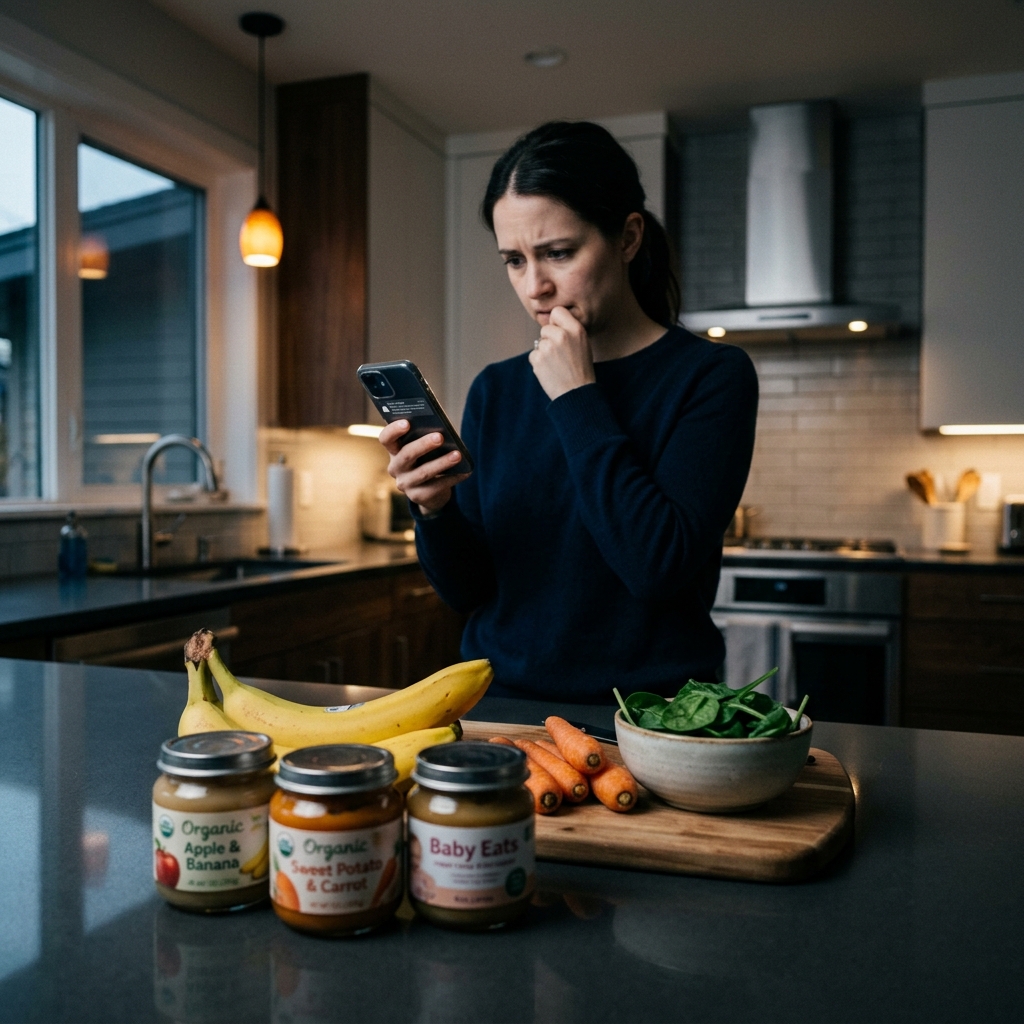 Concerned parent checking food recall notification on phone